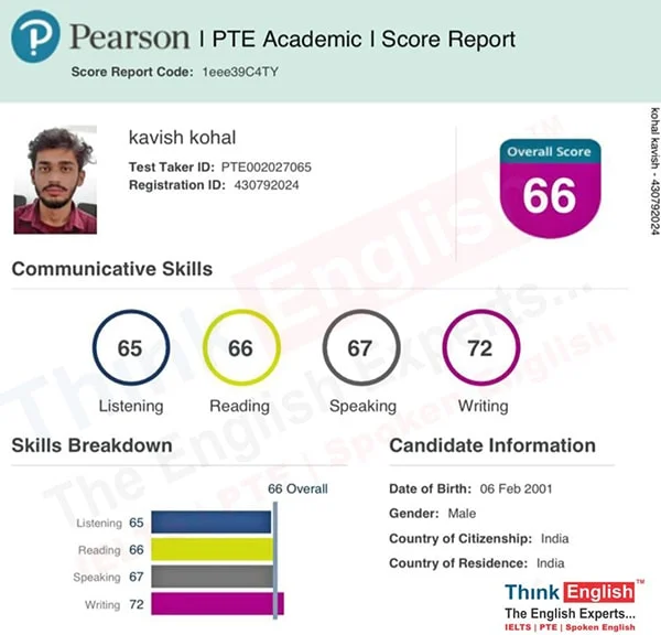 Kavish Kohal achieved 66 overall score in PTE at ThinkEnglish