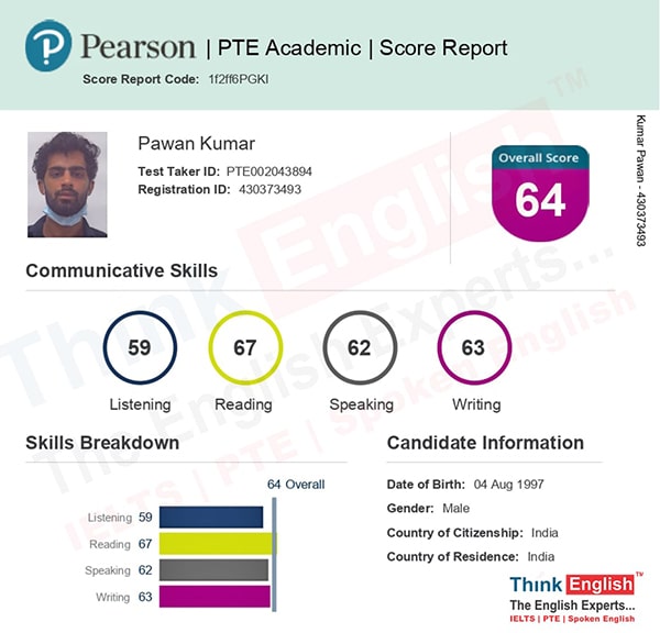 Pawan Kumar achieved 64 overall score in PTE at ThinkEnglish