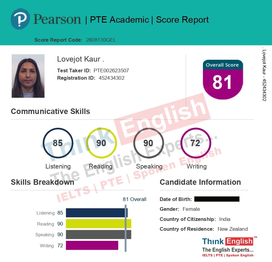 Lovejot Kaur achieved 81 overall score in PTE at ThinkEnglish